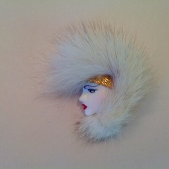 Vintage 1980’s Art Deco Style Lady Profile Brooch Fur Mohawk White Face Eyeliner