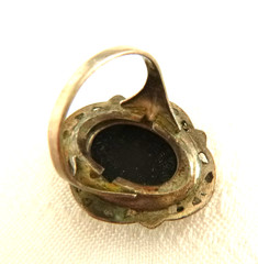 Vtg JNE 925 Sterling Silver & Black Hills Gold Ring Gold Leaf Under Resin Sz 6.5