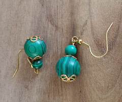 Vintage Malachite Dangle Earrings Gold Tone Large Green Bead Statement Pierced