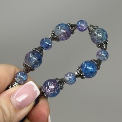 Purple Blue Crackle Glass Bead Bracelet Silver Filigree Caps Handmade 9”