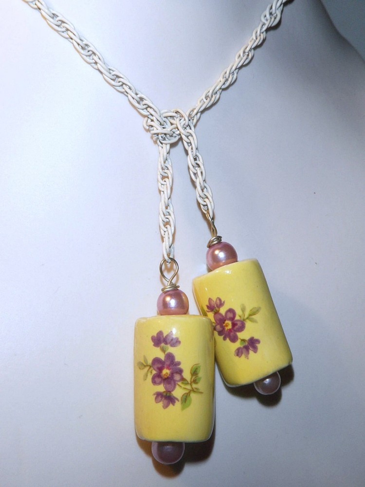Rare Vintage 1960’s Ceramic Tassel Necklace Floral Porcelain Bead Sautoir Lariat