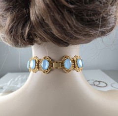 Moonglow Blue Lucite Gold Link Collar, Vintage Filigree Choker Necklace