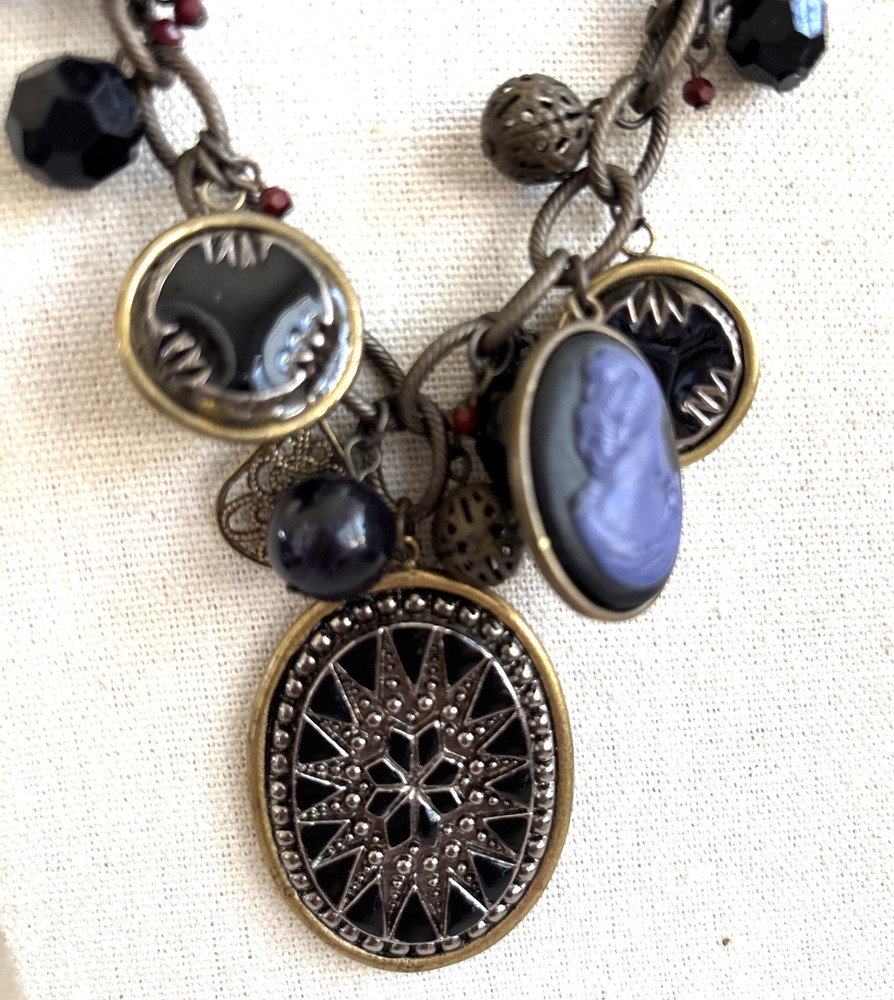 Vtg. Victorian Style Necklace Star Pendant Cameo Charms Black Glass Beads Brass