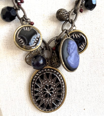 Vtg. Victorian Style Necklace Star Pendant Cameo Charms Black Glass Beads Brass