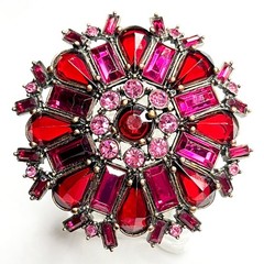 VTG Large Flower Snowflake Brooch Pin Red Fuchsia Pink Purple Glass Rhinestones