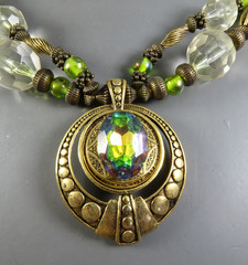 Vintage ANTHONY ALEXANDER Beaded Necklace MIXED METALS Rhinestone Pendant GREEN