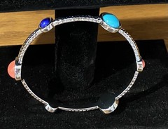 RJG SIGNED GRAZIANO SILVER TONE FAUX MULTICOLOR GEMSTONE BANGLE BRACELET 2 3/4”