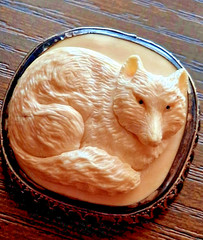 Vintage 925 Sterling Silver Hand Carved Bone Cameo Brooch Pendant Set Fox Bird