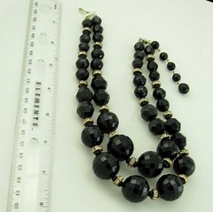 Vintage Necklace 1950s Black Lucite 2 Strand Rhinestone Rondel Beads Adjustable