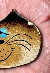 Vintage Nanci Copper Enameled Cat Face Brooch Pin Blue Eyes Artisan Made Signed