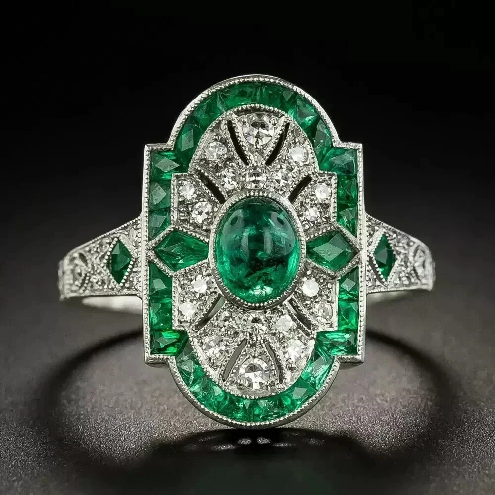 2.30Ct Art Deco Style Lab Created Emerald Engagement 14K White Gold Finish Ring