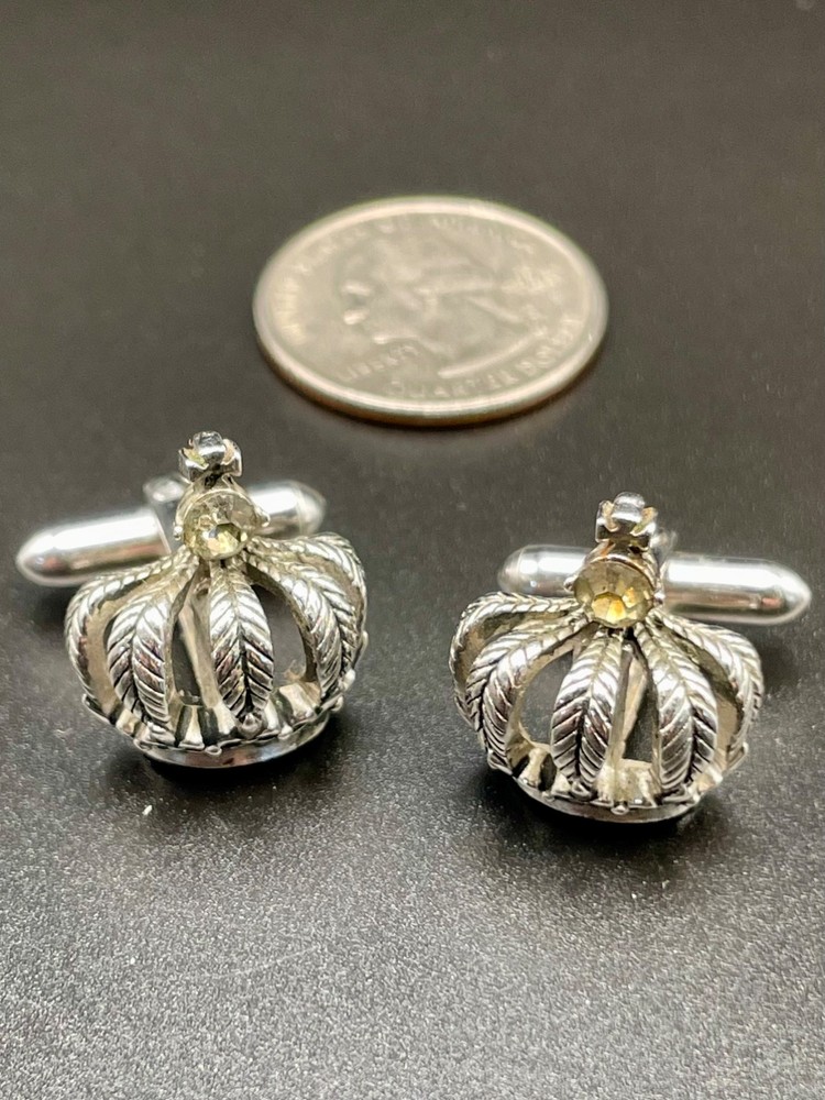 Vintage Royal Crown Figural Silver Tone Rhinestone King Swank Cufflinks