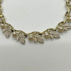 Vintage Judy Lee Gold Tone Necklace Leaf Design Faux Pearls Rhinestones Elegant