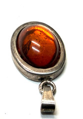 Vintage Sterling Silver 925 Baltic Amber Oval Pendant Cognac Honey Modernist