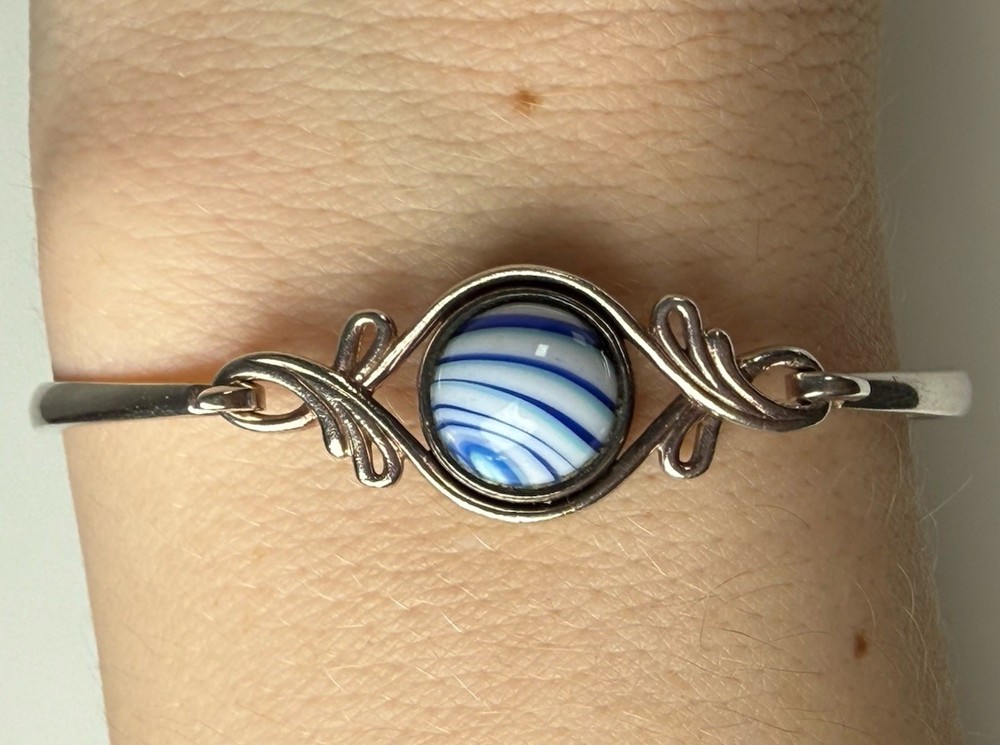 Sterling Silver Blue White Art Glass Bead Bangle Bracelet 6.5” 925