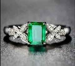 Art Deco Style Emerald & Lab Created Diamond 14K White Gold FN Party Wear Ring