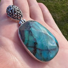 Huge Vintage Women’s Jewelry Silver 800 Pendant Natural Chrysocolla Stone 16.7gr
