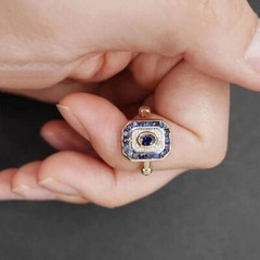 Vintage Art Deco Oval Sapphire & Lab Created Diamond Engagement 14K Gold FN Ring