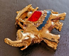 Elephant Brooch Gold Tone, Rhinestones, 2 Fauz Pearls, Green Eye, Blue Enamel