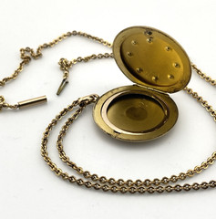 Antique Victorian Gold Filled Paste Stone E.M. Monogram Locket Necklace 21 In