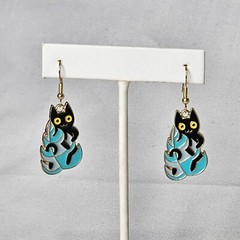 Enamel Black Cat Dangle Earrings Kitten In Your Fern House Plant Gold Tone Hooks