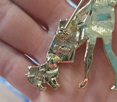 Vintage AJC Woman Shopper With Bags & Dog Gold Tone Pin Brooch