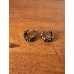 Vintage Gunmetal Barrel Huggie Hoop Earrings Hematite Crystal No Brand