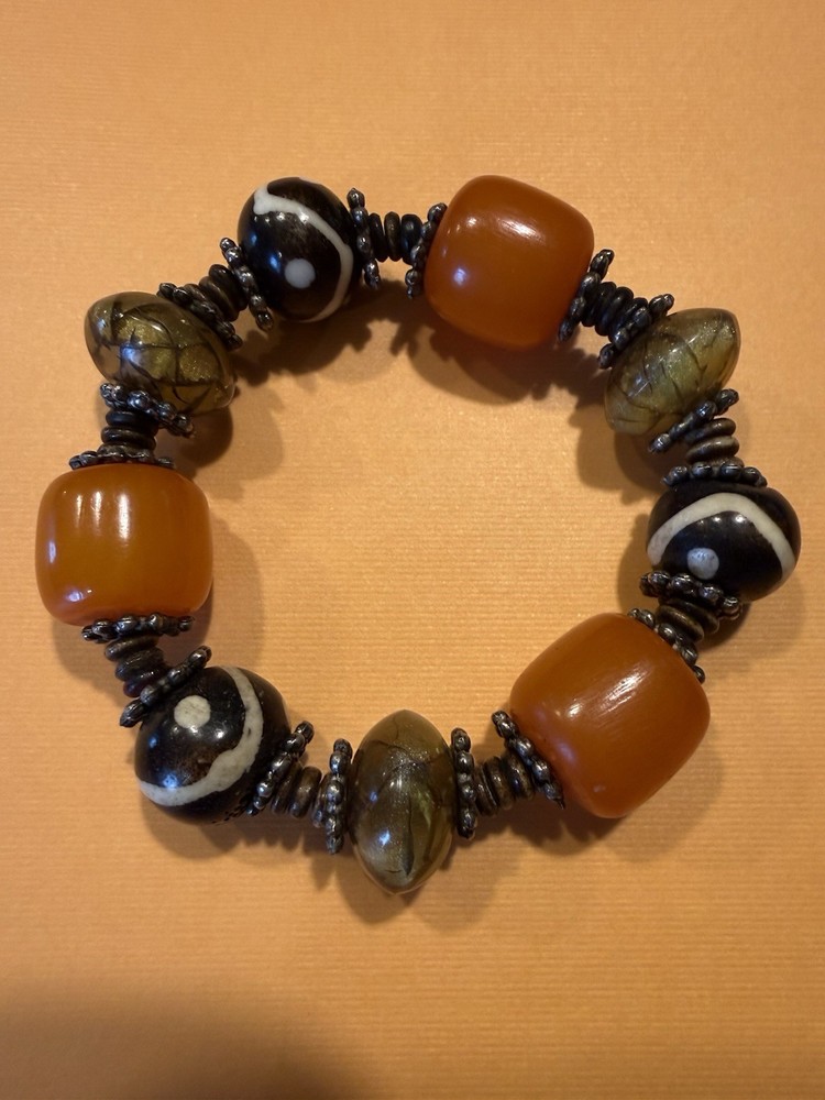 VTG 3 Bakelite Butterscotch Beads Bracelet / B&W artisan beads / metal spacers