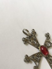 Vintage Armenian Silver Filigree Khachkar Cross Pendant With Red Cabochon Stone