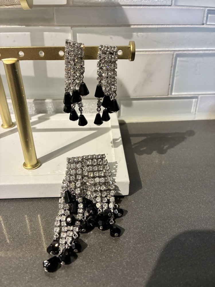 VTG BLACK JET & CLEAR RHINESTONE WATERFALL BROOCH & EARRINGS SET