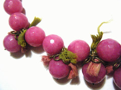 Unique Vintage Handmade Faceted Fuchsia Quartz & Avocado Braided Silk Necklace