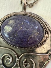 Vintage 30” Silver Tone Necklace – Lapis Lazuli Amulet Pendant with Tassel