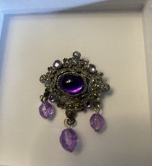 Faux Amethyst Cabochon Brooch with Hanging Amethyst Crystals Vintage