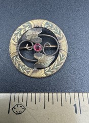 Antique Art Nouveau Sash Pin Brooch Brass Ivy Leaf Red Stone Signed AP C-Clasp