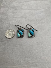 Vintage Southwest Sterling Silver Blue & Green Stone Rectangle Drop Earrings