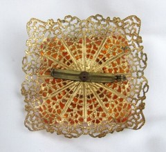 Vintage Vivid Orange Rhinestone Crystal Fancy Gold Filigree 2″ Square Brooch Pin