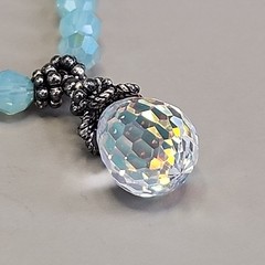 Glass Beaded Necklace Blue Opalite Crystal Teardrop Dangle Sterling Silver 16″