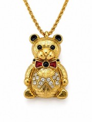 Vintage Teddy Bear Locket Necklace Gold Tone Rhinestone Hidden Honey Pot 34”