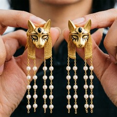 Vintage Bastet Cat Tassel Earrings Egyptian Goddess Drop Jewelry Gift for Women