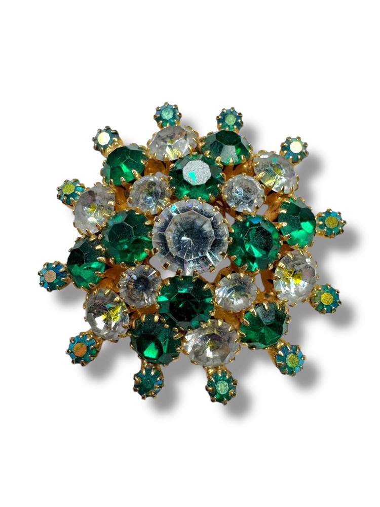 Green AB Clear Crystal Domed Brooch Gold Tone Vintage