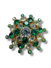 Green AB Clear Crystal Domed Brooch Gold Tone Vintage