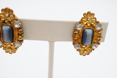 Vintage Clip On Earrings Gold Tone Rhinestone Cats Eye