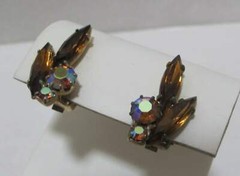 Vtg 2 Amber Marquise Shape 2 Aurora Borealis Round Rhinestones Clip Earrings