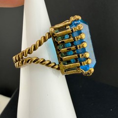 Vintage Cocktail Ring Twisted Brass Band Aqua Rhinestone Size 6