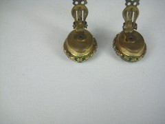 Vintage Green Plastic Clip On Earrings Gold Tone Oval Jewelry Faux Stone 1 inch