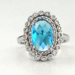 Ladies Light Blue & Clear CZ Halo Bezel Set White Gold Plated Ring Size 8