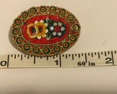 Very Nice Colorful Micro Mosaic Pin, Flowers Leaves Red Green Yellow Blue White