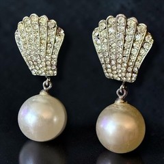 Art Deco Earrings Rhinestone Faux Pearl Dangle Scallop Shell Screwback Vintage
