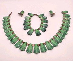 Vintage Signed Matisse Shades Of Green Speckled Enamel On Copper Set