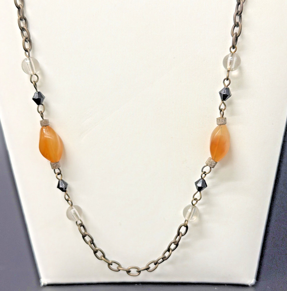 Vintage Estate 26-28″ Bronze Toned Orange & Clear Beaded Chain Station Necklace
